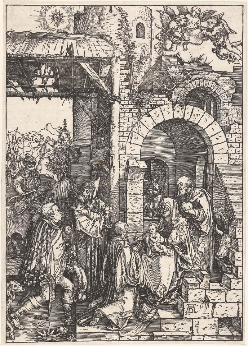 Aanbidding door de koningen de Albrecht Dürer, obra en papel que muestra reyes presentando regalos
