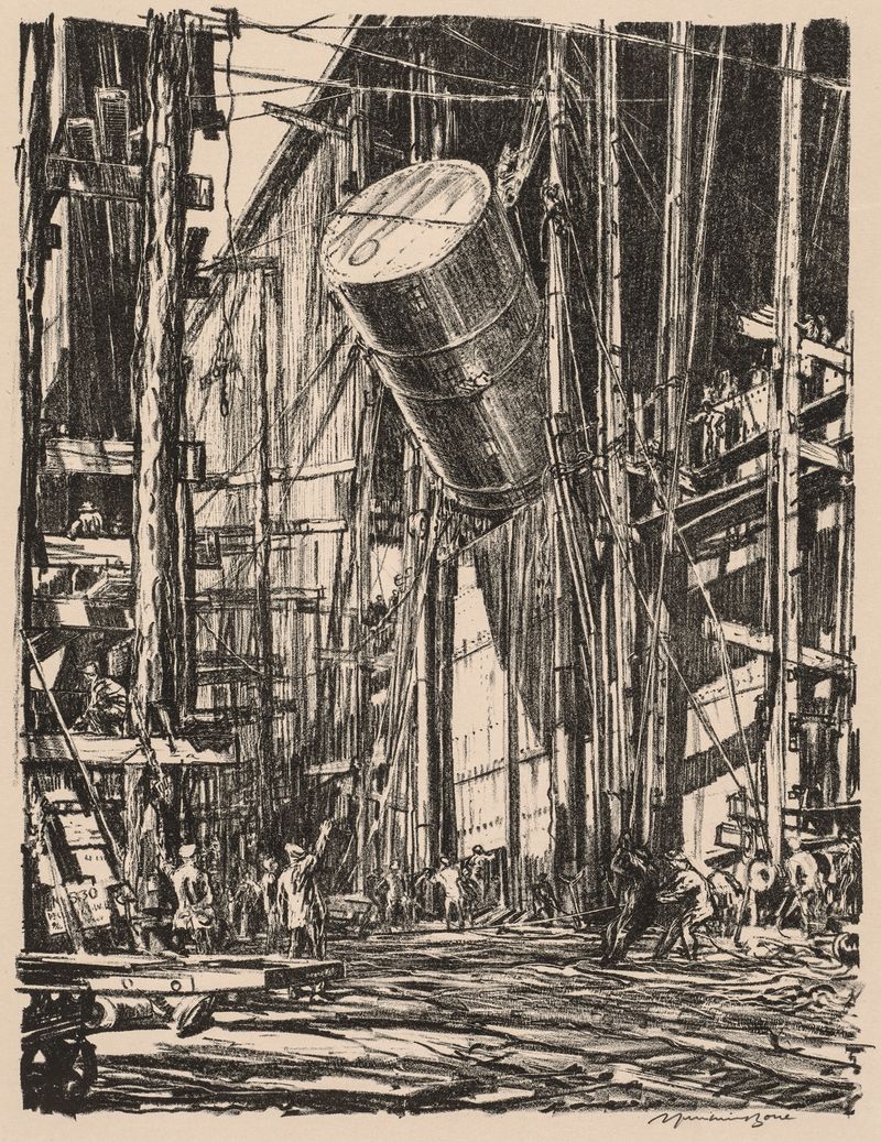 Lifting an oil tank into a train ferry, lithograph by Muirhead Bone