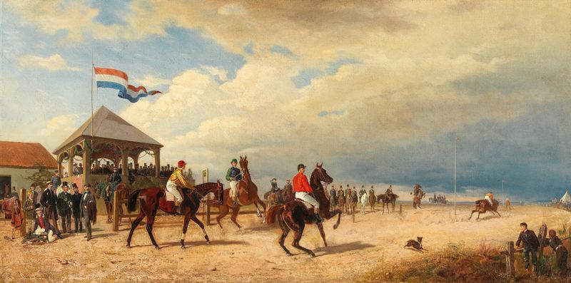 On the Horse Race Track de Emil Volkers, óleo sobre lienzo que representa caballos compitiendo con jinetes.