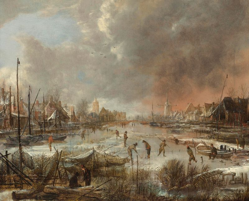 Paisagem de inverno com atletas em um rio congelado, pintura a óleo de Aert van der Neer