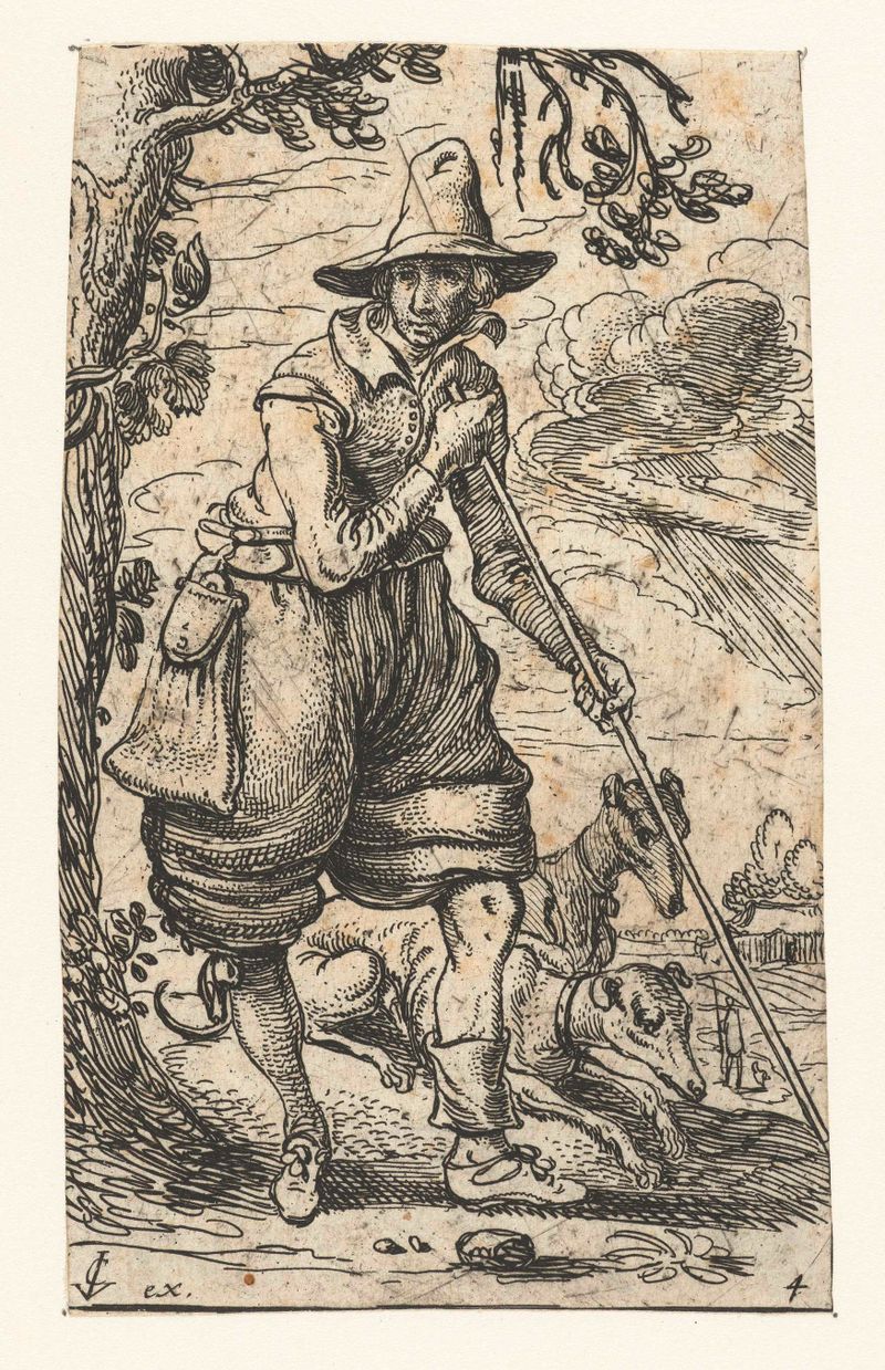Etching by Esaias van de Velde depicting a hunter with two dogs in a forest
