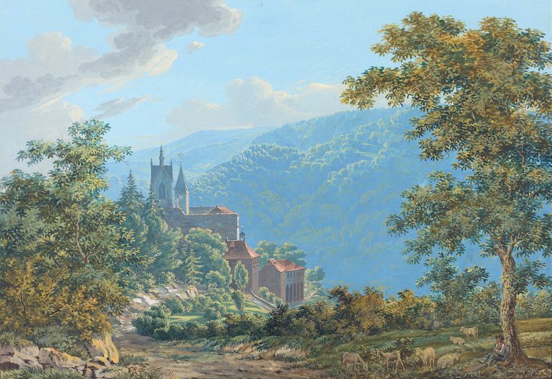 A Fortress in a Mountain Landscape at Sunrise, óleo sobre lienzo de Jakob Wilhelm Huber