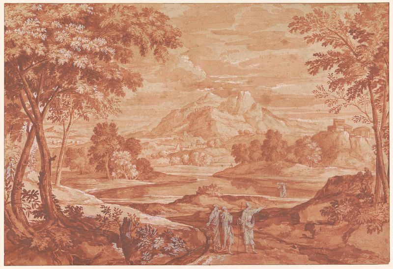 Arcadisch landschap met wandelende mensen, oil on canvas by Jean François Millet