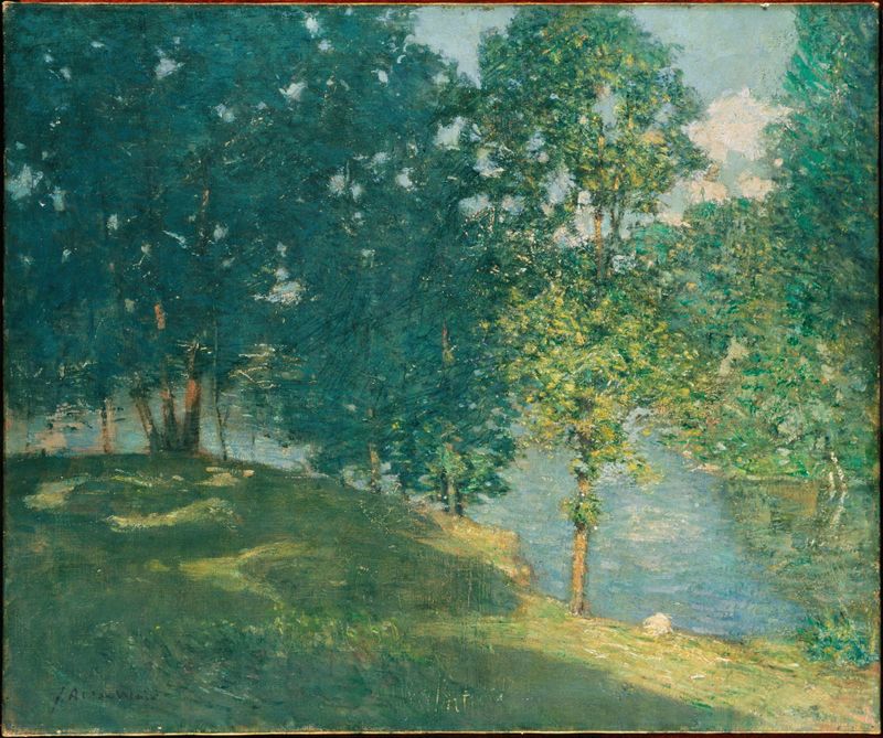 Afternoon by the Pond, óleo de Julian Alden Weir, retratando um lago sereno com árvores e luz filtrada.