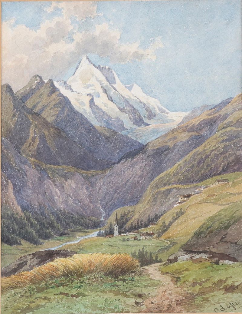 Landscape featuring a river and mountains, oil painting by Carl Lafite