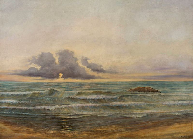 Oil painting by Cyprian Lachnicki depicting the sea at Biarritz