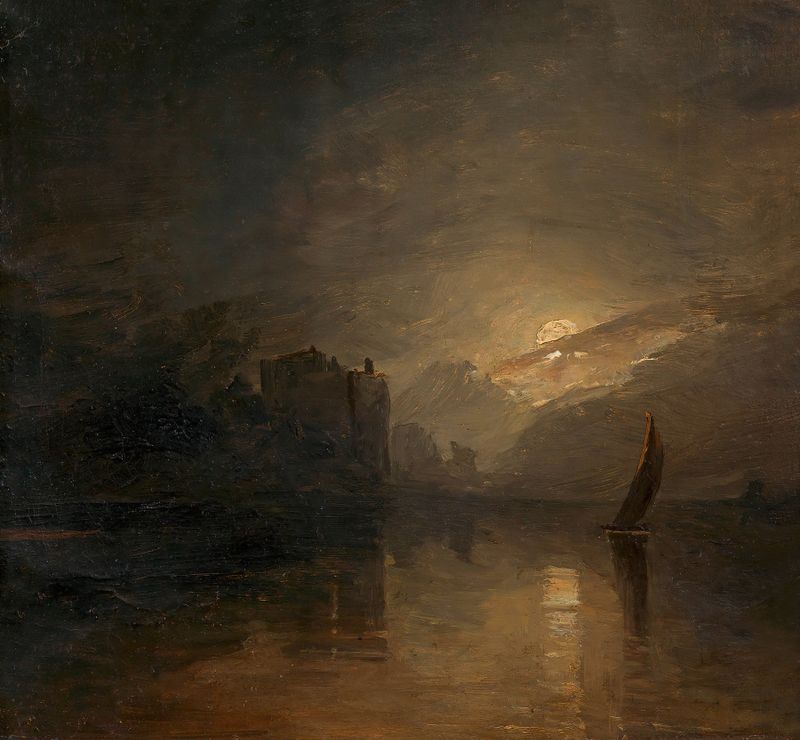 Landscape with moonlight reflecting on water by Adalbert Stifter, 1840