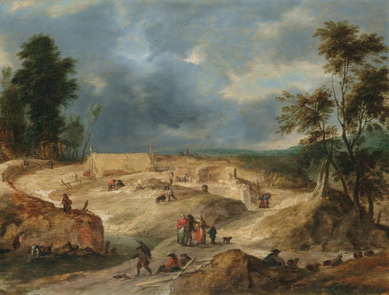 A Landscape With Peasants Building A Village, oil painting by Flemish School