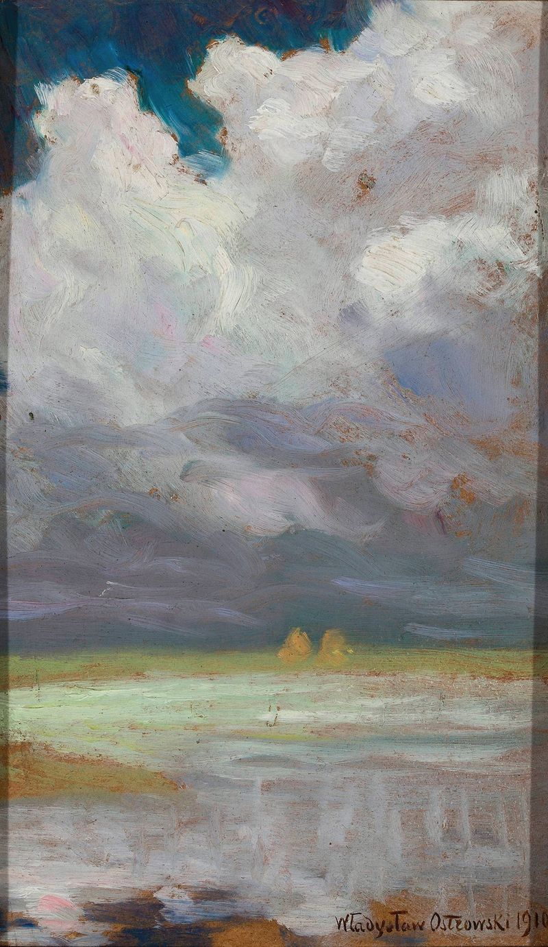 Landscape with overcast sky by Władysław Ostrowski, oil painting depicting muted greens and browns under clouds.
