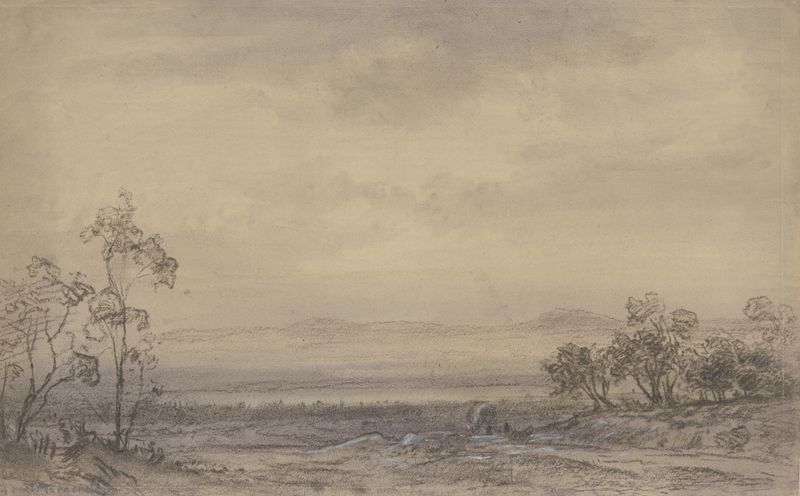 Heath landscape by Friedrich Ernst Morgenstern, oil painting depicting a stormy horizon with trees.