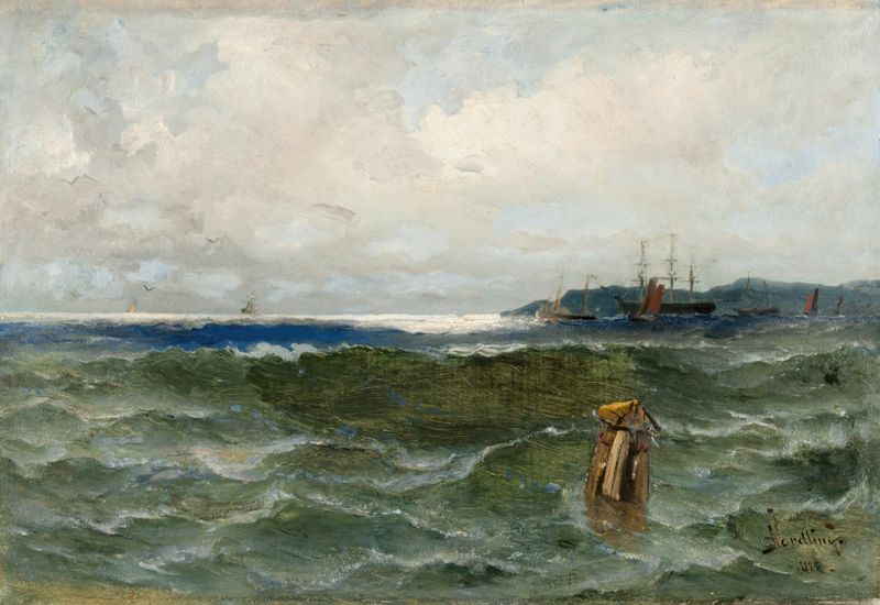 Seascape de Adolf Fredrik Nordling, óleo sobre lienzo que muestra tonos vibrantes del océano y un cielo tranquilo.