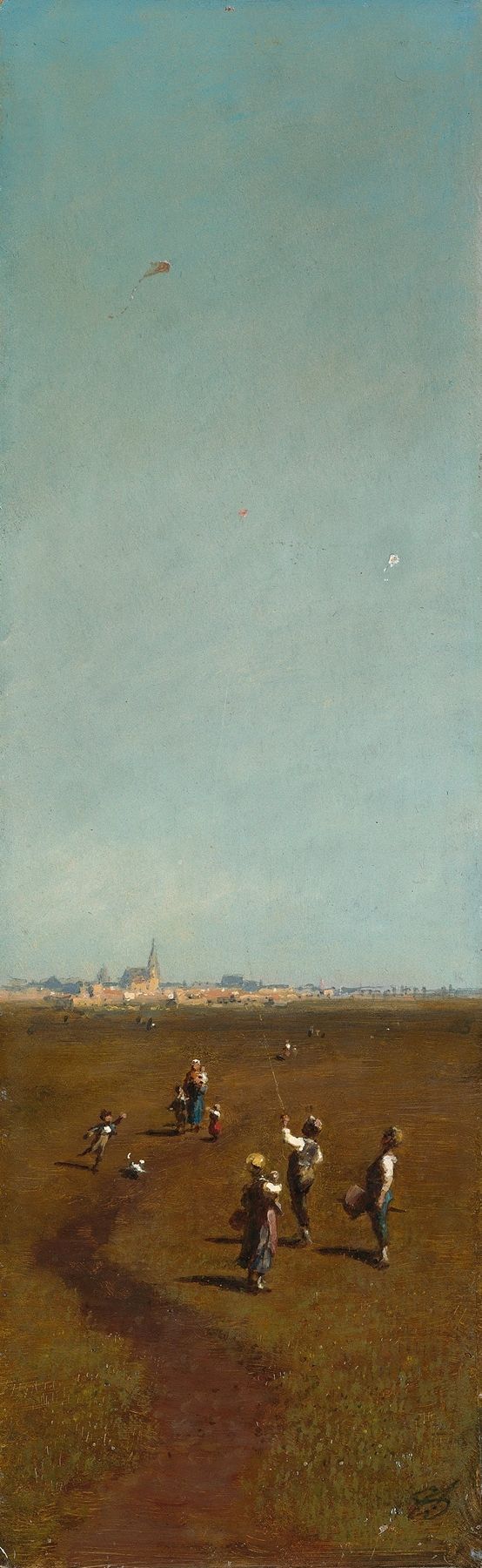 Flying Kites de Carl Spitzweg, óleo sobre lienzo que representa a un niño volando cometas en un cielo sereno.