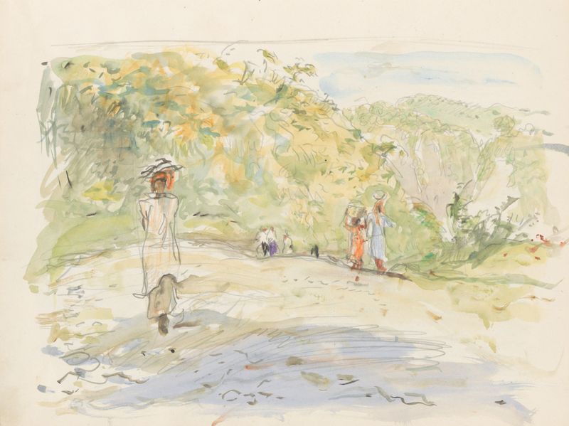 Heuvellandschap met figuren bij de oever van een rivier by Marius Bauer, watercolor on paper