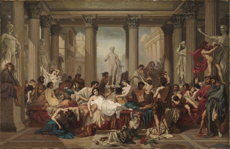 Historical scene with elegantly dressed figures, oil on canvas by Thomas Couture