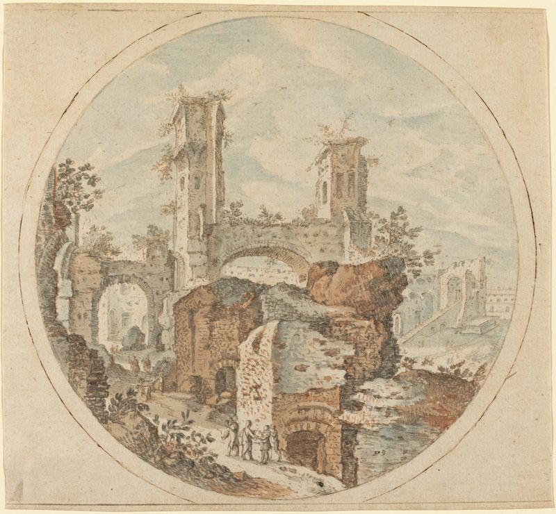 Historical scene with travelers and ancient pillars by Pieter Stevens, oil painting.