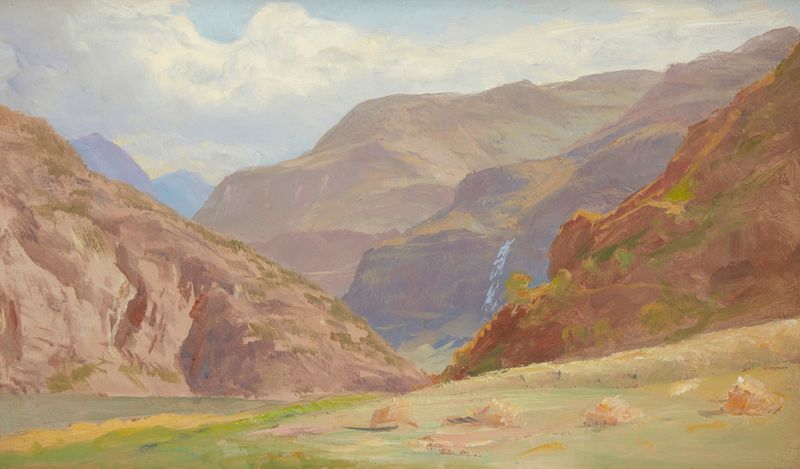 Paisagem norueguesa de William Trost Richards, óleo com suaves tons de azul e verde.