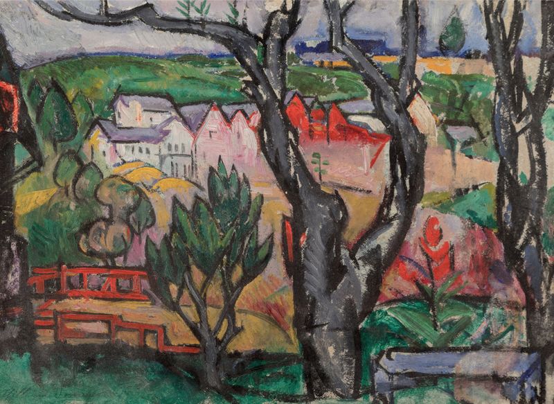 Landscape Vista de William Sommer, óleo sobre lienzo que representa colinas y luz dorada.