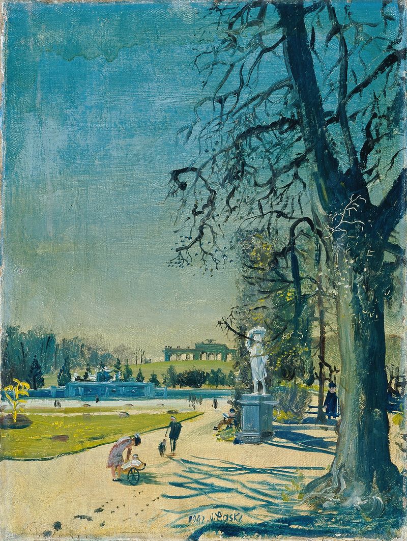 Der Schönbrunner Schlosspark de Oskar Laske, óleo sobre lienzo que representa un paisaje de parque exuberante