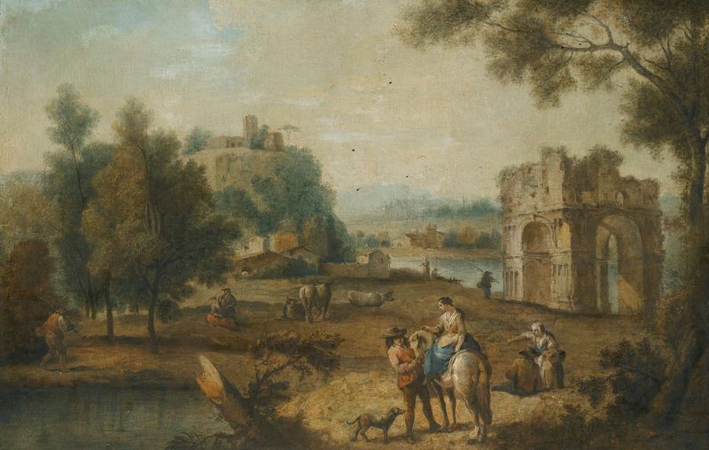 A landscape with a Roman ruin and figures beside a stream, oil on canvas by Giuseppe Zais.