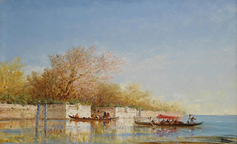 Les Jardins Francais de Félix Ziem, óleo sobre tela que retrata um jardim tranquilo com folhagem vibrante