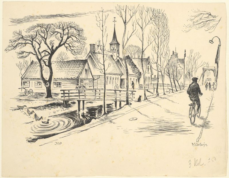 Paisagem de uma rua de vila com casas e um caminho de paralelepípedos de Maarten Oortwijn, pintura a óleo