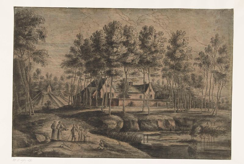 Gravura de Lucas van Uden mostrando o mosteiro capuchinho em Tervuren cercado de vegetação.