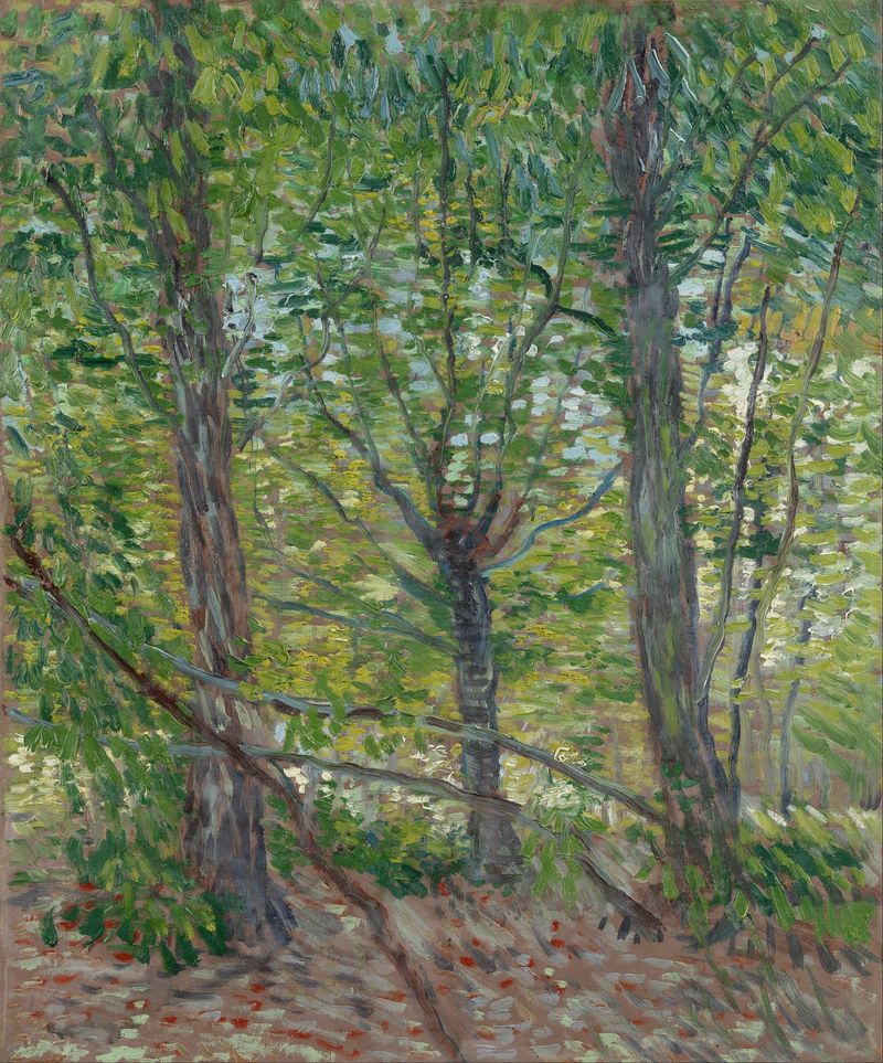 Trees by Vincent van Gogh, oil painting depicting swirling leaves and trunks in vibrant green.