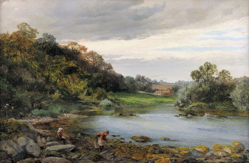 Children collecting firewood by a river, oil painting by David Bates