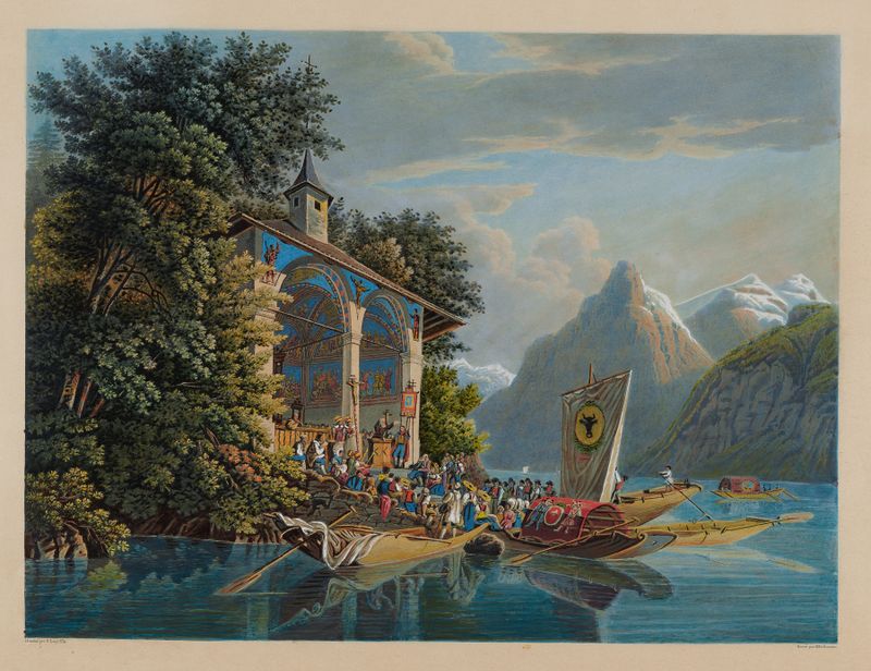 La Chapelle de Guillaume Tell no Lago Quatro Cantões de Gabriel Lory the Younger, pintura a óleo