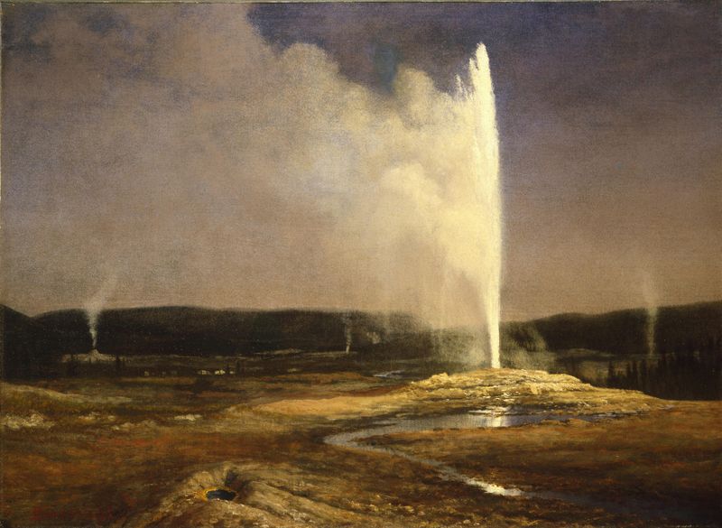 Geysers in Yellowstone, pintura al óleo de Albert Bierstadt, con montañas y vapor al amanecer.