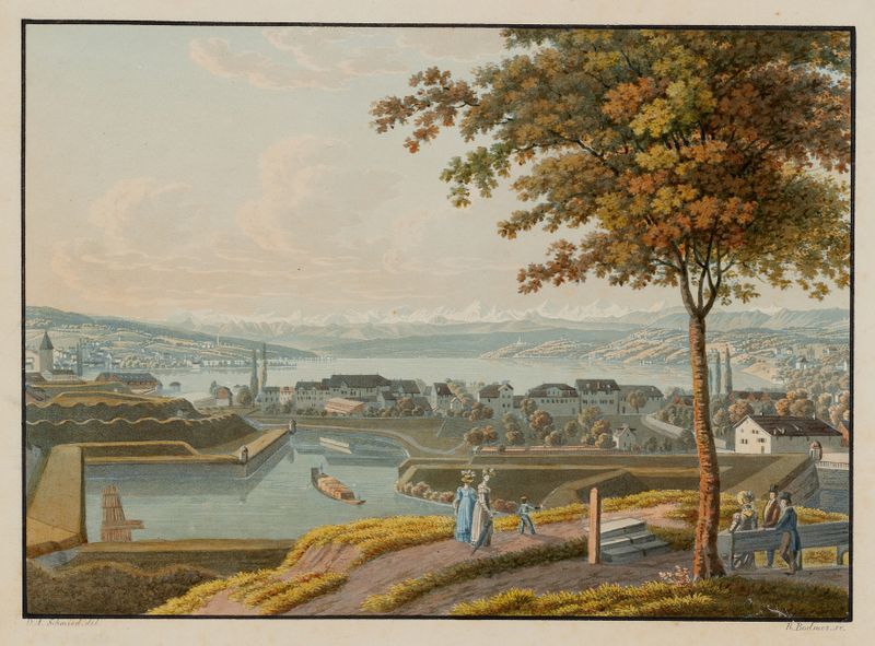 Vue du lac et des environs de Zurich depuis le Rempart du Chat, oil on canvas by David Alois Schmid