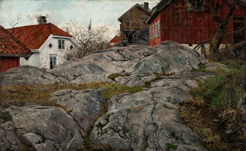 Rock, Motif from Kragerö pintura a óleo de Frits Thaulow representando rochas e natureza