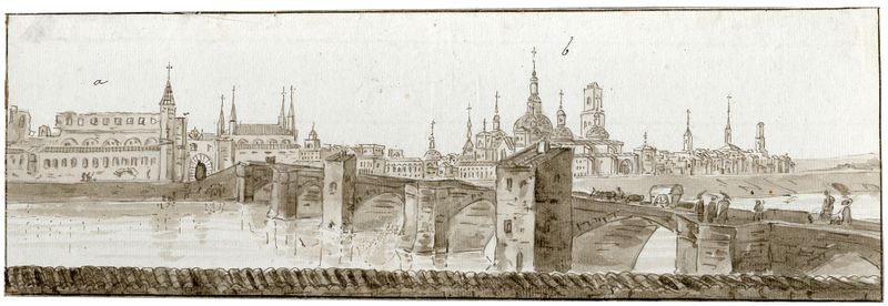 Gezicht op Saragossa de Otto Howen, óleo sobre lienzo que representa un paisaje urbano al amanecer.