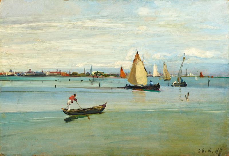 Escena marina en la laguna de Venecia, óleo de Lorenzo Delleani