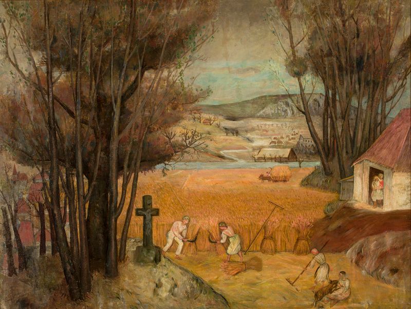 Cosecha en un campo de Tadeusz Makowski, mostrando trigo dorado bajo un cielo azul, pintura al óleo