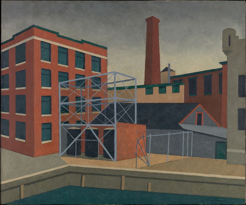 Waterfront Mill de Niles Spencer, realismo, que representa un molino y una rueda de agua junto a un río