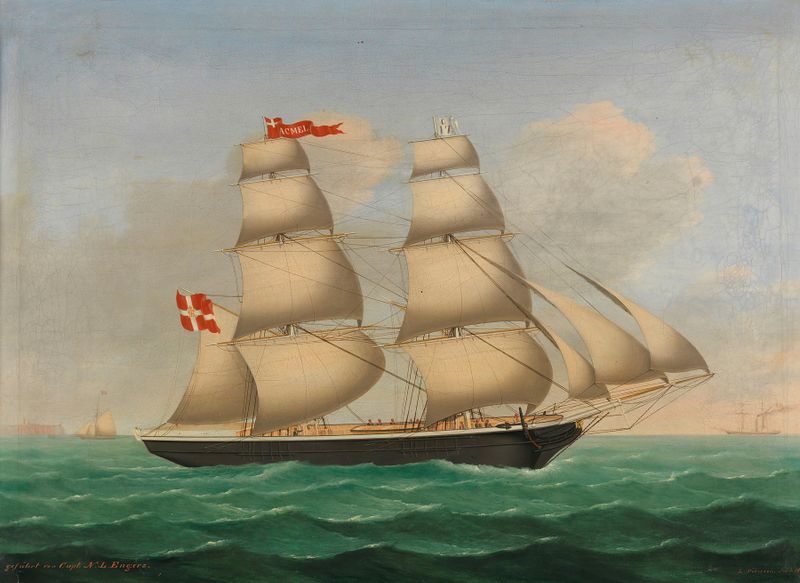Marine scene featuring the Danish brig Acmel sailing, oil painting by Lorenz Petersen