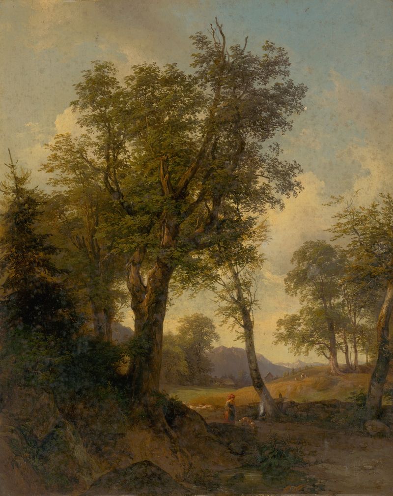 Alpine landscape oil painting by Josef Höger featuring trees and mountains