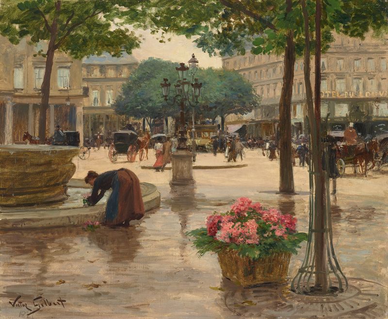 La Place du Théâtre Français by Victor Gabriel Gilbert, oil on canvas depicting a lively urban square.
