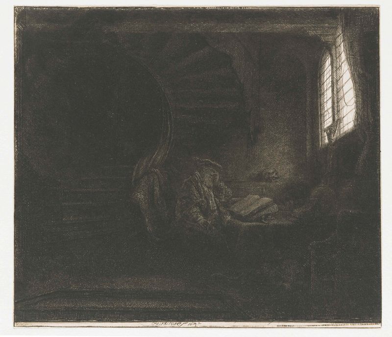São Jerônimo em uma câmara escura, gravura de Rembrandt van Rijn, mostrando um estudioso lendo em uma sala escura.