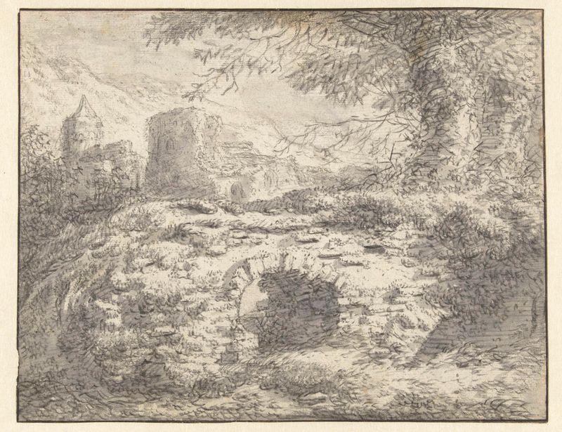 Landscape with a stone bridge over a gentle stream by Casper Casteleyn, medium unknown