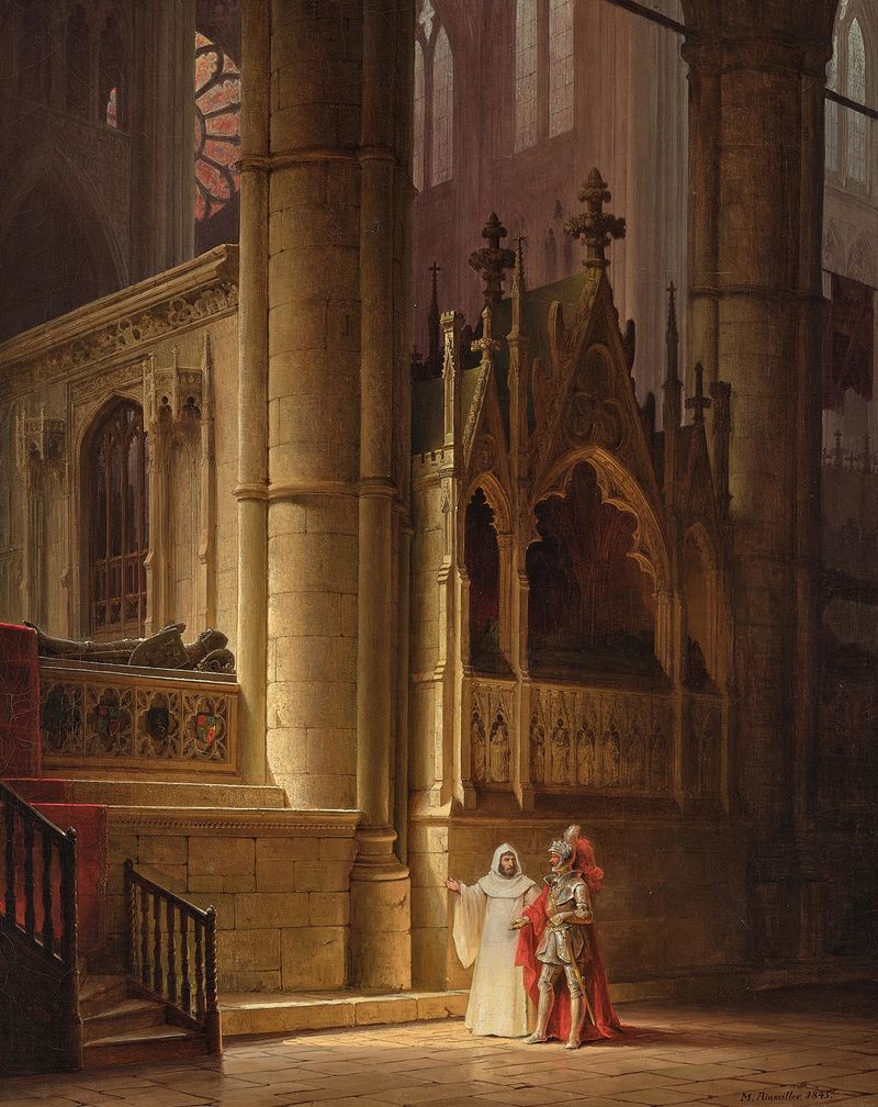 Interior of a church with stained glass light, oil painting by Max Emanuel Ainmiller, 1845
