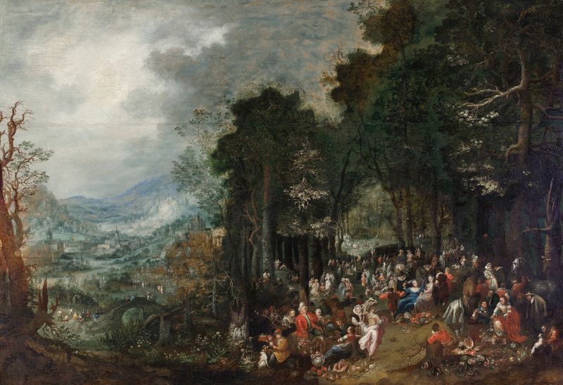 Landschaft mit Festgesellschaft by Johann Jakob Hartmann, oil painting depicting a landscape with figures.