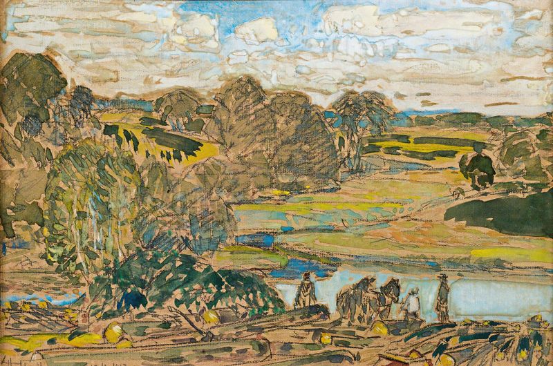 Extensa Paisaje Con Río de Childe Hassam, óleo sobre lienzo que muestra una escena de río tranquila