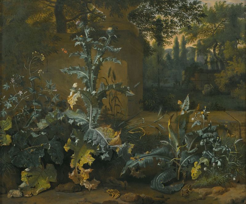 Cardos, ranas, mariposas y caracoles en una pintura al óleo de Dirk Maas