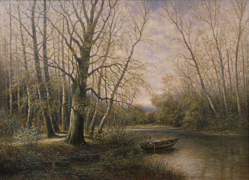 Paisaje óleo de Franz Stephan Paschinger que representa una serena escena de río en primavera.