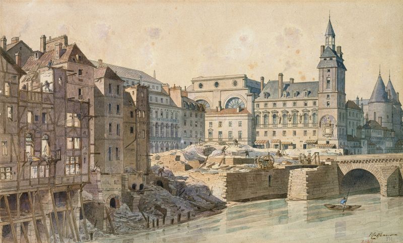 La Cité et le pont aux Change en 1800 de Fédor Hoffbauer, pintura a óleo que retrata uma ponte e uma paisagem urbana.