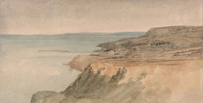 Lyme Regis, Dorset de Thomas Girtin, aquarela sobre papel, retratando uma costa serena e falésias
