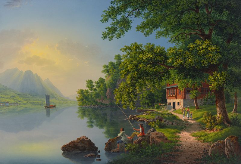 Lago e montanhas em Bei Gersau am Vierwaldstätter See, óleo sobre tela de Johann Heinrich Bleuler the Younger