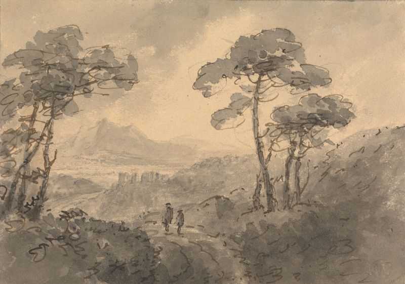 Paisagem montanhosa com duas figuras em uma estrada curva, óleo sobre tela de William Gilpin